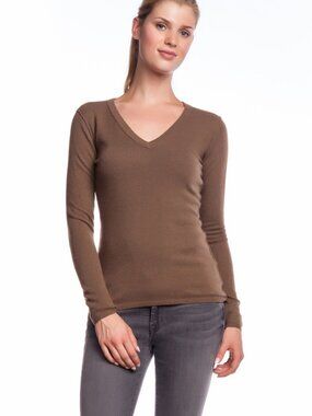 Inhabit V-Neck Top Earth Cashmere Pullover Brown Long Sleeve